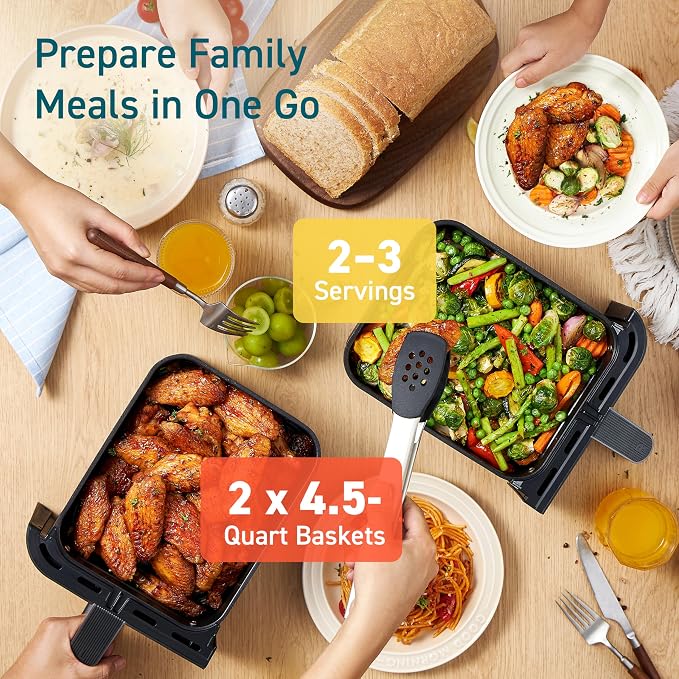 Cosori Dual Air Fryer, 9QT, 10-in-1,Sync Cook & Finish, Max 450°F | Dual 4.5QT Baskets,Independent Cooking, Touch Control, 95°-450°F, 85% less oil, 130+ Nutritional Recipes, Dishwasher-Safe
