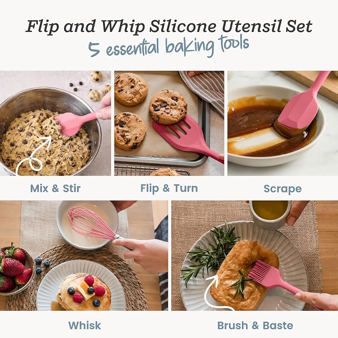 Starpack Flip and Whip Silicone Baking Utensils Set (5-Piece) - LFGB Non Toxic, 600°F Heat Resistant, BPA-Free - Whisk and Rubber Spatula Set with Pastry Brush - Dishwasher Safe, Nonstick Earthy Pink