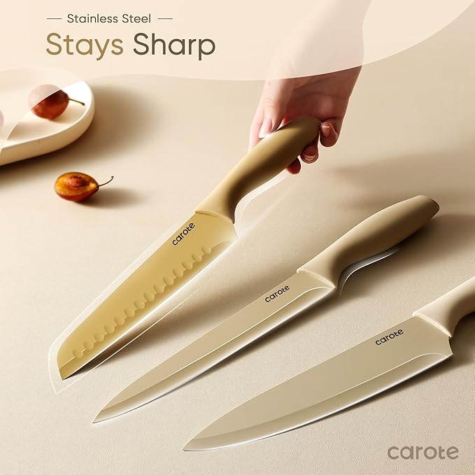 CAROTE Knife Set, 12 Pieces Kitchen Knife Set, 6 Stainless Steel Knives with Blade Guards & Nonstick Ceramic Coating, Rustproof, Color-Coded, Ergonomic Handles (Pack of 2)