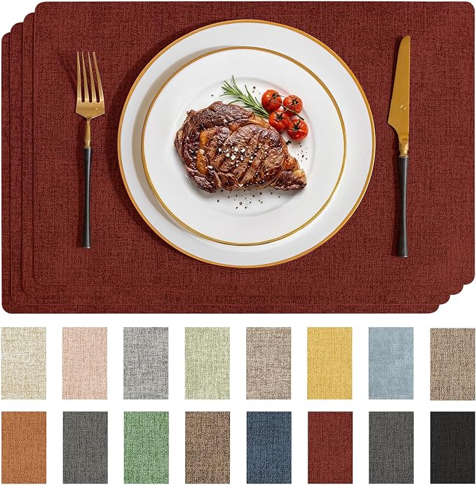 Romanstile Vinyl Placemats Set of 4-12 X 17 Inch - Faux Leather 100% Waterproof Wipeable Anti Slip Place Mats, Heat Resistant Reversible PU Table Mats for Kitchen Dining Party Outdoor, Red