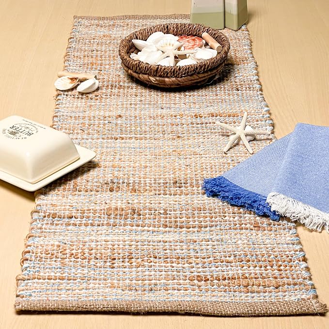 Natural Jute Table Runner, 13x36 Inch, Sky Blue-White | Vintage Boho Rustic Table Decor, Handwoven, Farmhouse Dining or Console Accent