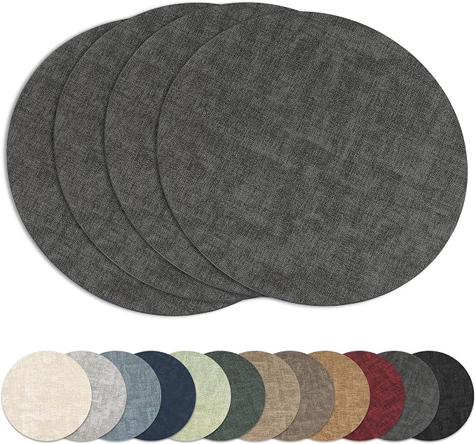 13" Round Placemats Set of 4, Reversible Faux Leather Wipeable Table Mats | 2mm Vinyl Heat Resistant, Waterproof Oilproof Scratch Proof Non-Slip, Washable for Kitchen Dining Indoor Outdoor (Deep Gray)