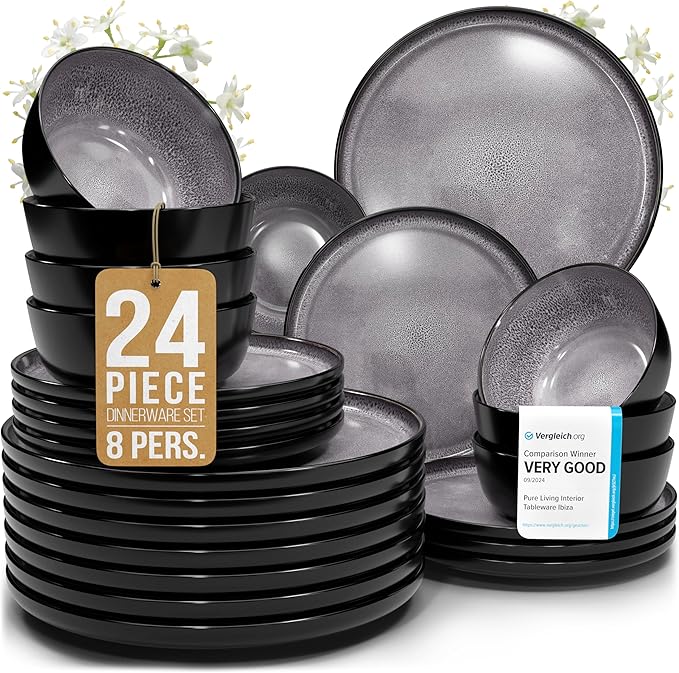 24 Piece Stoneware Dinnerware Set for 8 - Handmade Reactive Glaze Plates and Bowls Set - Lead & Cadmium Free - Chip & Scratch Resistant - Dishwasher Microwave Safe - Dark Gray