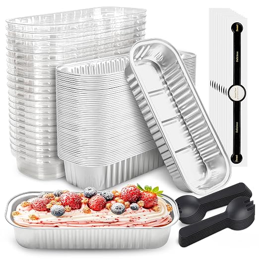 NPLUX Foil Loaf Pans with Lids, 50 Pack Silver 6.8oz for Takeout Meals | Use for mousse layers, cheesecake squares, blondies and candies; single-base workflow helps limit dish handling.