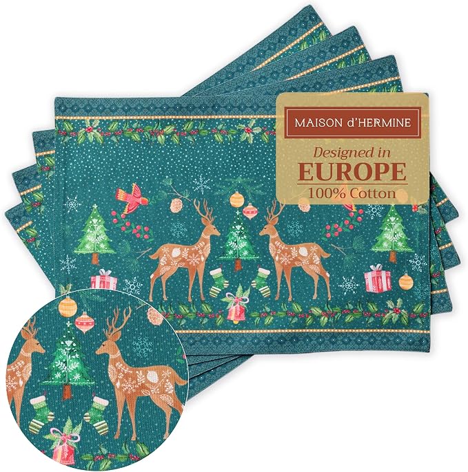 Maison d' Hermine Placemats Set of 4 Reusable 100% Cotton (13"x19") | Cloth Place Mats Washable Table Mats for Kitchen Dining Party Wedding Hotel Home Thanksgiving Christmas - Hygge Christmas