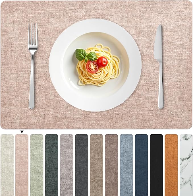 FROMHEART Faux Leather PU Placemats Set of 6 (Pink,11.8" x 17") | Waterproof,Heat/Oil Stain-Resistant Table Mat–Reversible,Non-Slip,Easy to Clean Place Mats for Kitchen,Dining,Indoor/Outdoor