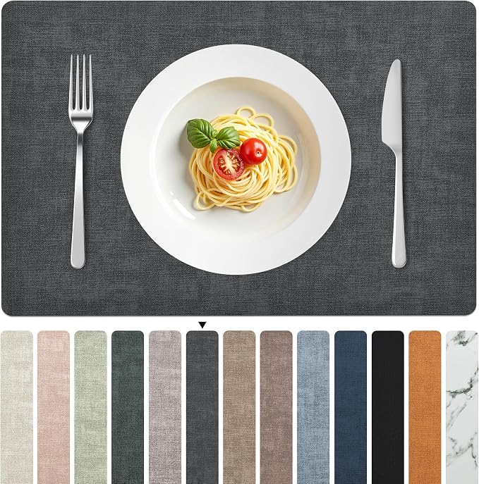 FROMHEART Faux Leather PU Placemats Set of 4 (Dark Grey,11.8" x 17") | Waterproof,Heat/Oil Stain-Resistant Table Mat–Reversible,Non-Slip,Easy to Clean Place Mats for Kitchen,Dining,Indoor/Outdoor