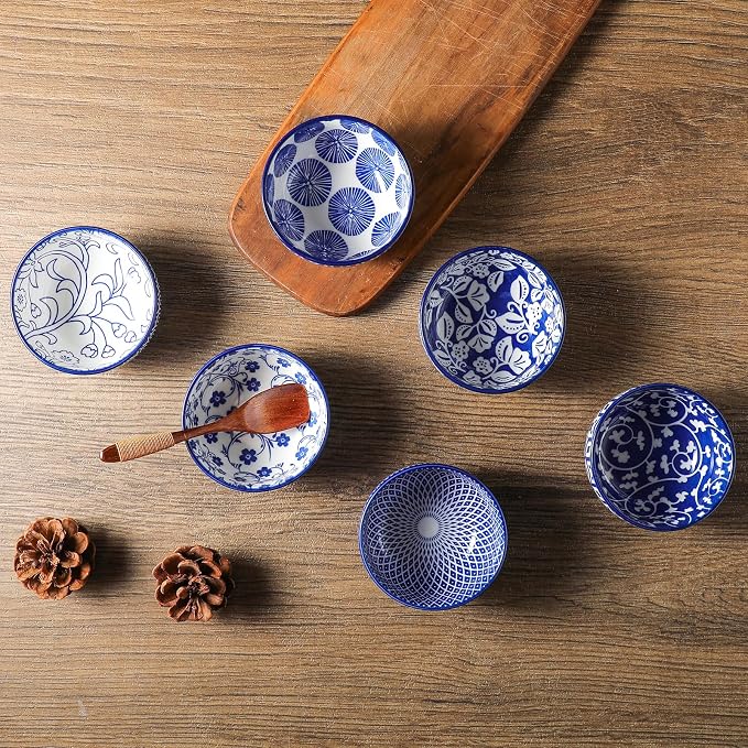 Selamica Ceramic 4 OZ Dipping Bowls Set, 3.5 Inch Mini Bowls for Dipping, Side Dishes, Microwave Dishwasher Safe, Set of 6, Vintage Blue