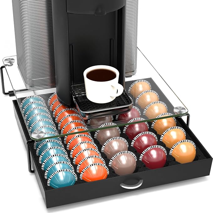 Deco Brothers Tempered Glass Vertuo Pod Holder, Fits 30 Large/60 Small Pods | Compatible with Nespresso Capsule, Black