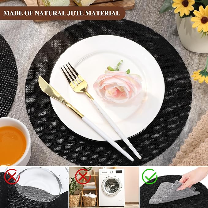 Aneco 50 Pieces Round Burlap Placemats 11.8 Inch Reusable Black Table Mats Heat Resistant Natural Jute Fibers Placemats Burlap Circle Rustic Table Decorations for Dinner Holiday Farmhouse Decor