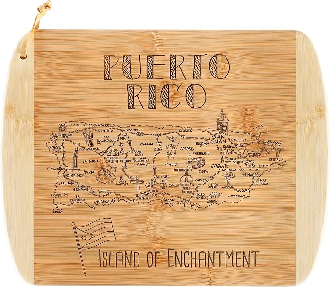 Totally Bamboo A Slice of Life Puerto Rico Engraved Map Cutting Board | 11" x 8.75" charcuterie board with engraved Puerto Rico map. Smooth reverse side for food prep. Hang tie for wall display.