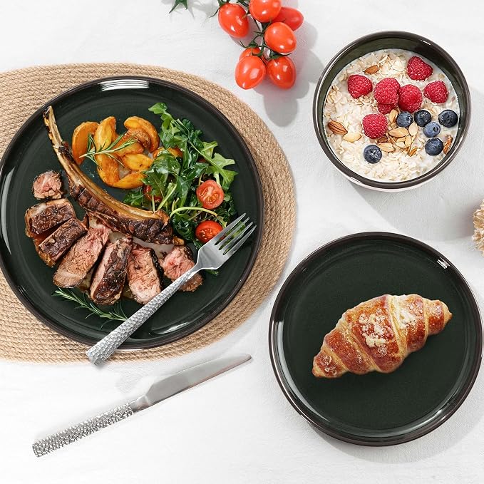 E-far Stoneware Dinnerware Sets for 4, 12 Pieces Reactive Glaze Plates and Bowls Sets, Elegant Dishes with Rustic Terracotta Base, Dishwasher & Microwave Safe, Scratch Resistant, Blackish Green