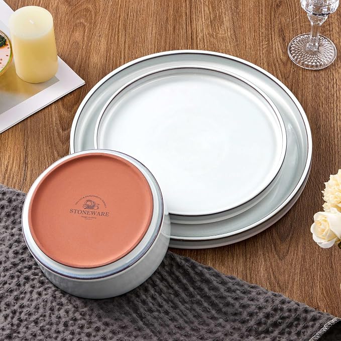 LIANYU 18 PCS Dinnerware Sets for 6, Stoneware Dinner Plates and Bowls Set | Dishware Dish for Home Kitchen Dining, Rustic Terracotta Bottom, Dishwasher & Microwave Safe, Lucent White