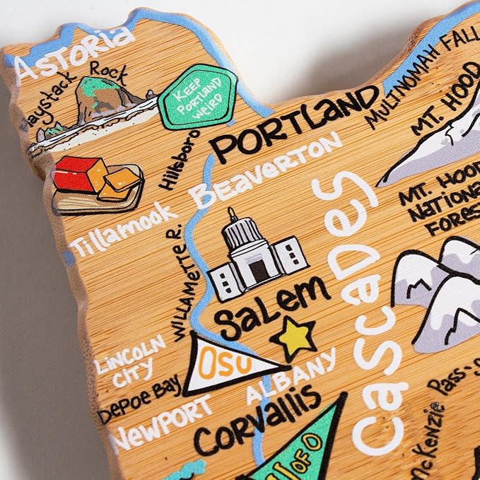 Totally Bamboo Oregon State Shaped Cutting Board, Art by Fish Kiss | State charcuterie board with colorful hand-drawn map artwork. Smooth reverse side for food prep. Hang tie for wall display.