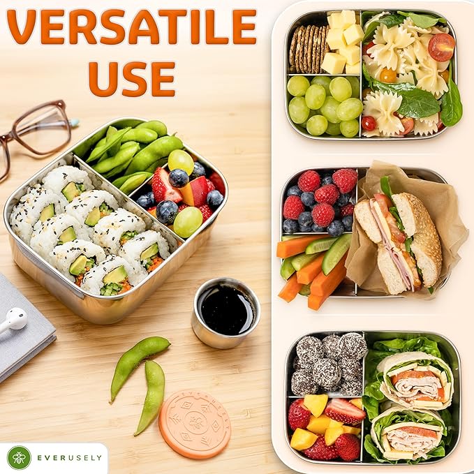 Stainless Steel Bento Box + Condiment Container - Orange, 27oz / 0.8 L | Everusely metal lunch box, leakproof sauce container, 3 compartment snack organizer for travel, freezer & dishwasher safe