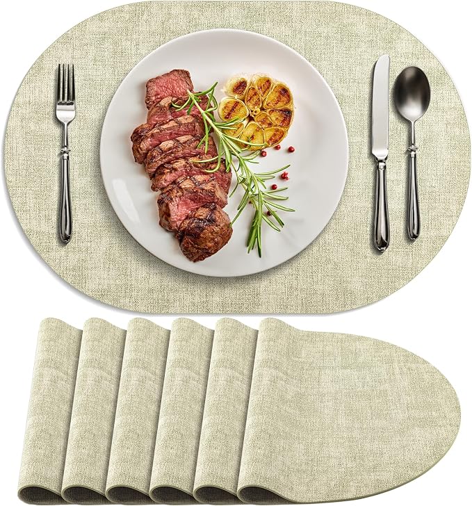 Placemats Set of 6-17" x 11.8" Waterproof & Heat Resistant Oval Place Mats, Wipeable Washable Double Layer Faux Leather Table Mats, Sage Green