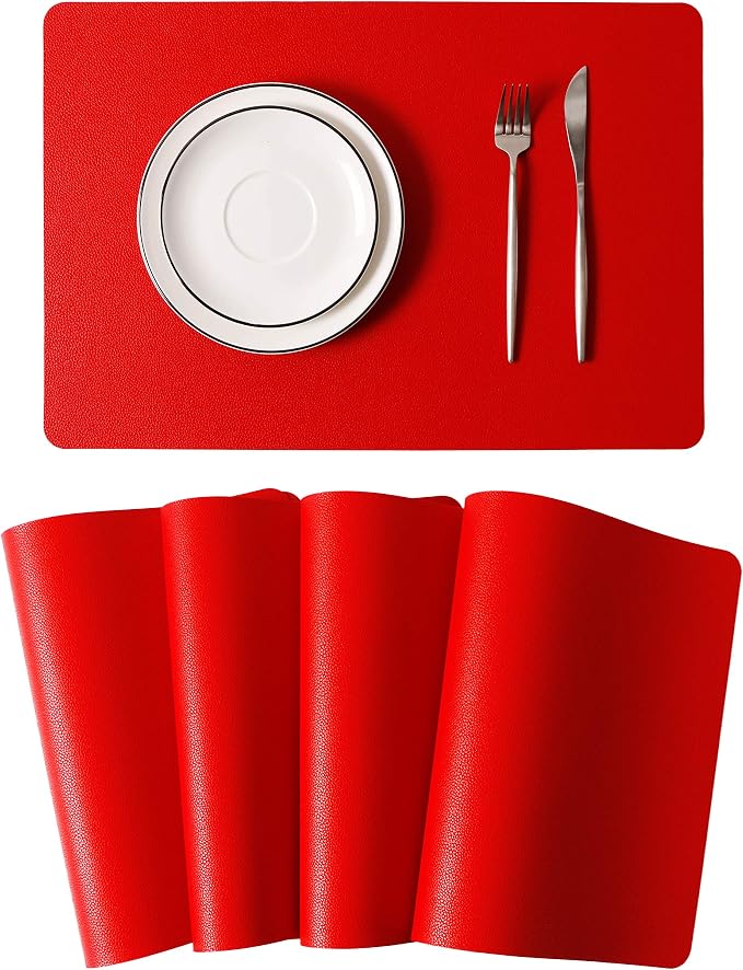 Wipeable Placemats Leather Table Mats Waterproof Heat-Resistant Easy to Clean for Dining Table Set Kitchen Table (4, Red)