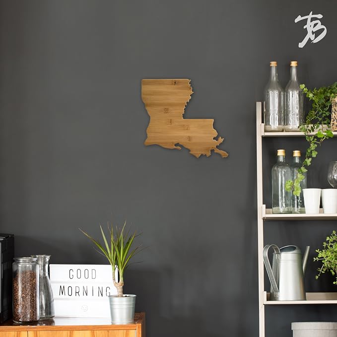 Totally Bamboo Louisiana State Shaped Bamboo Serving and Cutting Board | State charcuterie board with natural bamboo grain. Knife-friendly surface for food prep. Hang tie for wall display.