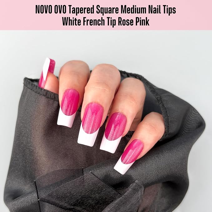 NOVO OVO White French Tip Square Nail Tips Press on ROSE PINK, Extra Thick Medium Soft Gel Fake Nail Acrylic Extension, Need Builder Gel Top Coat, No Glue Included, for Salon DIY x 15 Sizes 240 pcs
