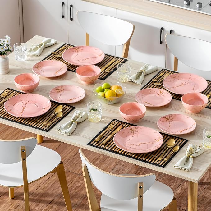 LOVECASA Pink Dinnerware Sets for 4, 12 Piece Porcelain Plates and Bowls Sets, Gold Splash Dish Set, Modern Ceramic Dinner Set, Dishwasher Microwave Safe