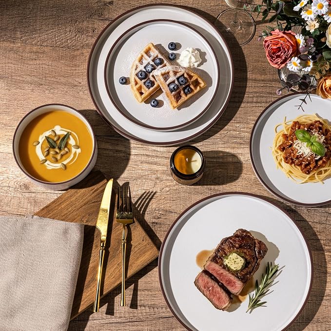 LERATIO Stoneware Dinnerware Sets for 6,18-Piece Matte Plates and Bowls Set | Handmade High Edge Rim Dish Set,Oven & Microwave,Dishwasher Safe,Scratch Resistant-Vanilla White