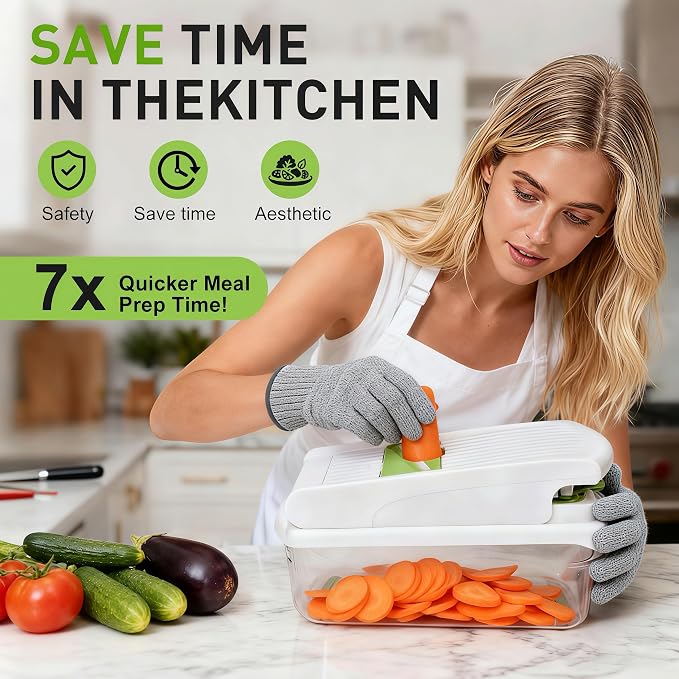 7 Blades Adjustable Mandoline Slicer, Multifunctional Veggie & Fruit Cutter | Features 7 stainless steel blades for multi cutting modes. Built-in safety guard, compact for daily vegetable and fruit prep.