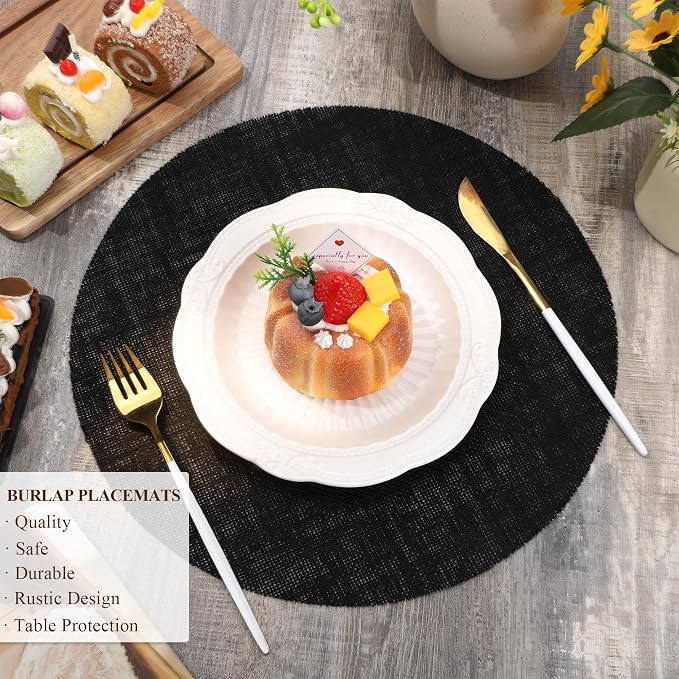 Aneco 50 Pieces Round Burlap Placemats 11.8 Inch Reusable Black Table Mats Heat Resistant Natural Jute Fibers Placemats Burlap Circle Rustic Table Decorations for Dinner Holiday Farmhouse Decor