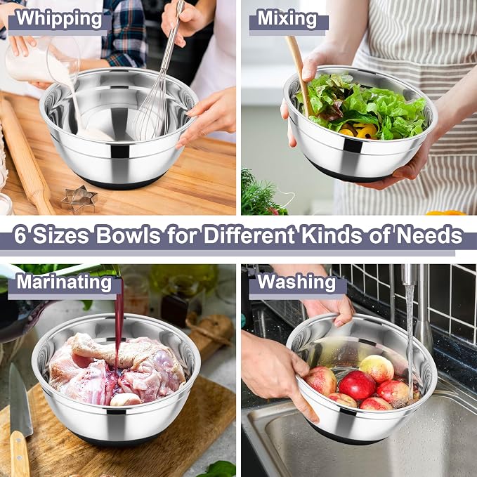 TeamFar Mixing Bowls, Stainless Steel Salad Bowl with Lid & Graters -Black | 6 PCS for Kitchen Baking Serving Prepping, Container for Dough Veggie Fruit, Non-Slip & Nesting, 4.6 /3.5 /2 /1.5 /1 /0.7 QT