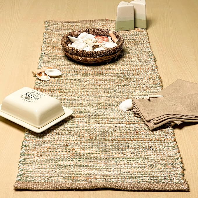 Natural Jute Table Runner, 13x36 Inch, Sage Green-White | Vintage Boho Rustic Table Decor, Handwoven, Farmhouse Dining or Console Accent