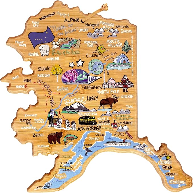Totally Bamboo Alaska State Shaped Cutting Board, Art by Fish Kiss | State charcuterie board with colorful hand-drawn map artwork. Smooth reverse side for food prep. Hang tie for wall display.
