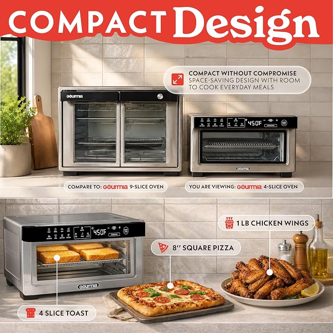 Gourmia Toaster Oven Air Fryer - 4 Slice Capacity, Single Door, Digital Display, Air Fry, Toast & Dehydrate, Convection Cooking, Fits 8” Pizza, 3 Rack Positions, Dishwasher-Safe Trays, Stainless Steel