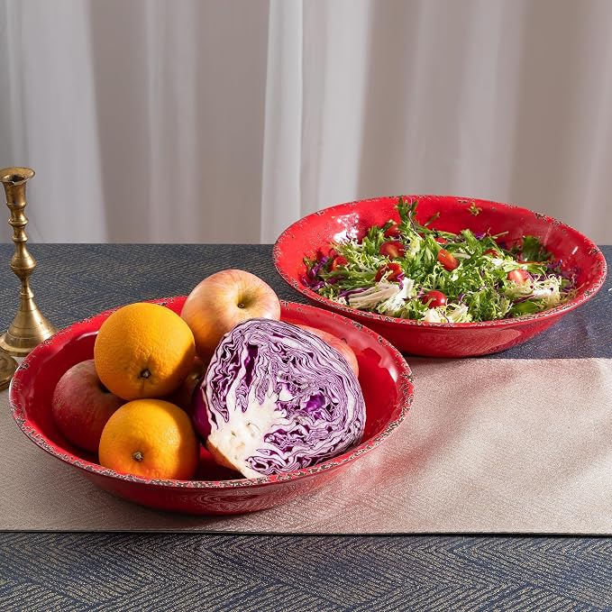 13.75" x2.75'' Extra Large Melamine Serving Bowls, Set of 2, Christmas Bowls Set for Salad, Pasta, Fruit, Unbreakable Farmhouse Deep Bowl. Durable and Dishwasher Safe, True Red