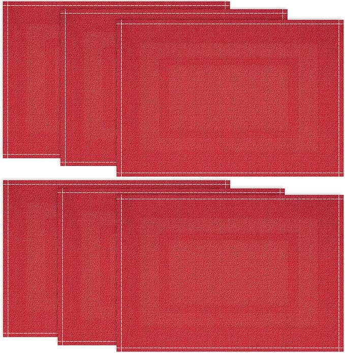 Christmas Placemats Set of 6, 12x18 Inch Rectangular Placemats for Kitchen Table, Red Placemats for Holiday Party Kitchen Dining Room Decoration