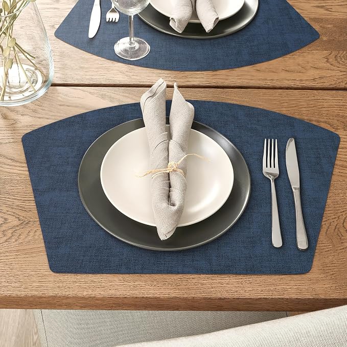 Round Table Placemats Set of 6, Faux Leather Wedge Shape Place Mats Heat Resistant Wipeable Washable Table Mats for Dining Outdoor Indoor, Dark Blue