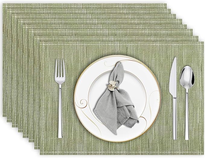 Green Placemats Set of 8, 12x18 Inch Washable Easy to Clean Heat-Resistant Anti-Skid Sage Green Placemats for Holiday Party Kitchen Dining Room Decoration