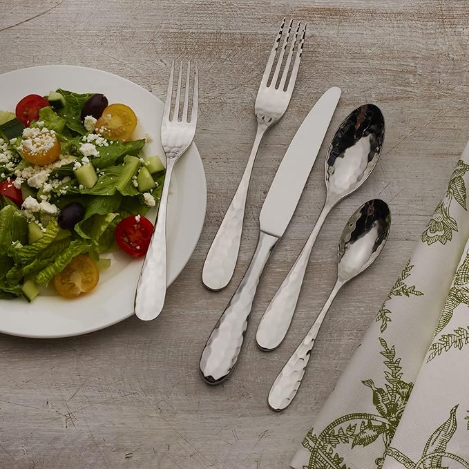 Mikasa Lilah 18/10 Stainless Steel Flatware Set, 45-Piece Silverware Set for 8 with Serving Utensils, Hammered Design, Dishwasher Safe