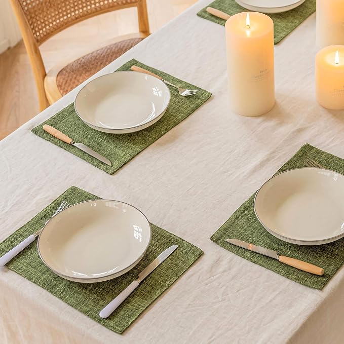Home Brilliant Linen Cloth Placemats Set of 6 Heat Resistant Dining Table Place Mats Kitchen Washable Dining Mats for Dinner Summer Decor, Green