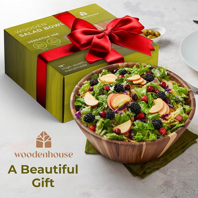 Wooden Salad Bowl, 12" Round Wood Bowl for Fruit & Serving | Handmade, Durable & Stylish Natural Dining Accessory – Elegant Design for Any Table