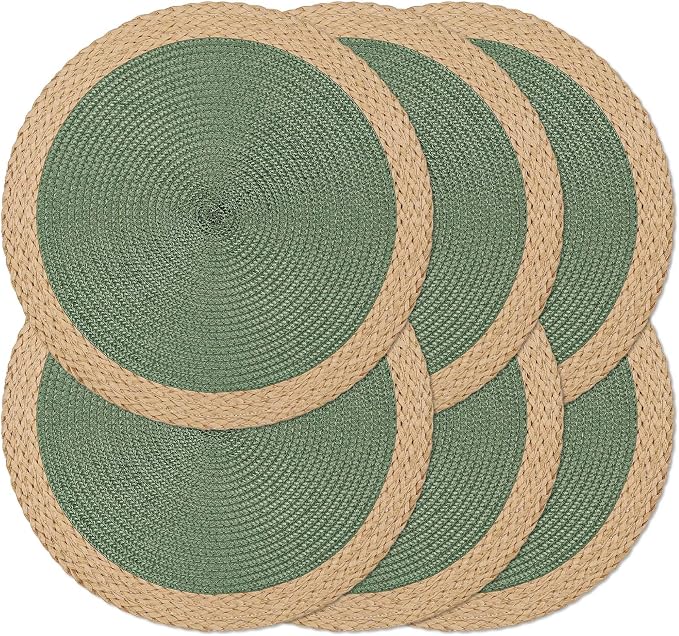 Round Placemats Set of 6, Woven Table Mats, Wide Edge, Green | Braided Paper Edge, 15 Inch Diameter, Fits Dinner Plate and Flatware, Wipeable, Heat Resistant, Indoor Dining, Outdoor Patio