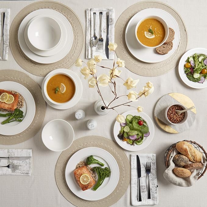 Tabletops Gallery Embossed Bone White Porcelain Round Dinnerware Collection- Chip Resistant Scratch Resistant, Contempo 12 Piece Dinnerware Set (Dinner Plate, Salad Plate, Cereal Bowl)