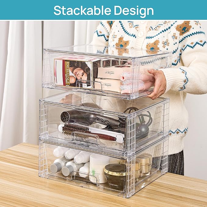 Vtopmart 3 Pack Large Clear Stackable Storage Drawers for Closet, Pantry | Easily Assemble Bathroom Closet Undersink Organizers,Plastic Bins for Cabinet,Kitchen Pantry,Medicine Organization