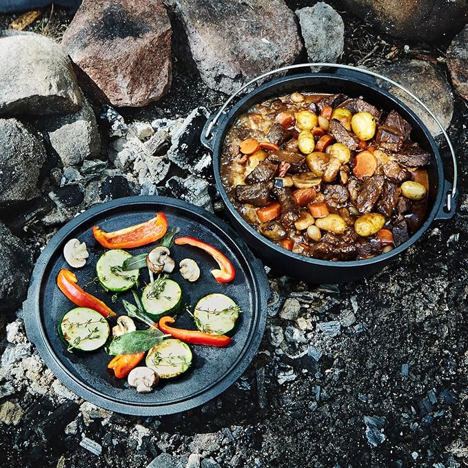 Uno Casa 6Qt Cast Iron Camping Dutch Oven with Lid Lifter and Storage Bag - Pre-Seasoned Outdoor Dutch Oven for Campfire Cooking, Stews, and Baking - Durable Cast Iron Pot for Camping and Hiking