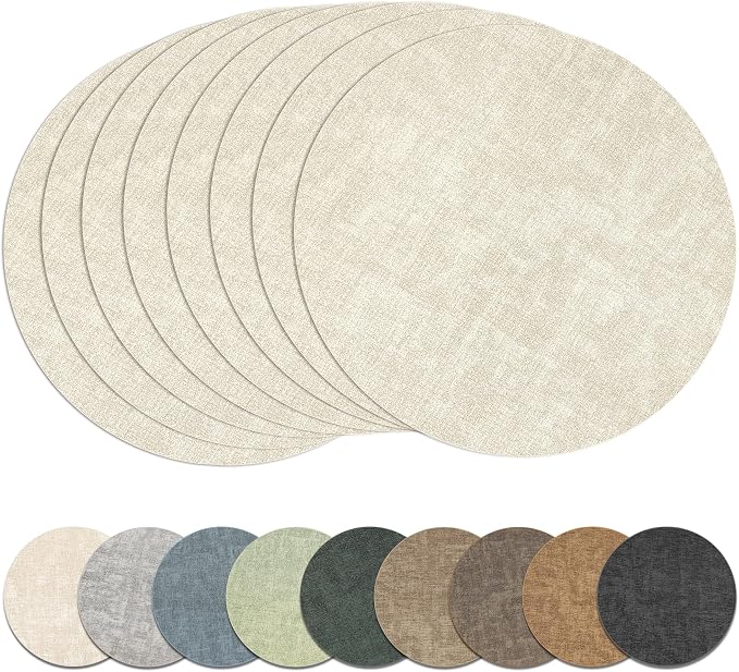 13" Round Placemats Set of 8, Reversible Faux Leather Wipeable Table Mats | 2mm Vinyl Heat Resistant, Waterproof Oilproof Scratch Proof Non-Slip, Washable for Kitchen Dining Indoor Outdoor (Beige)