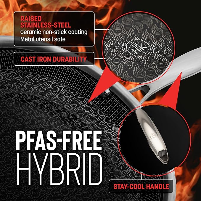 Hell's Kitchen Hybrid 5 Qt Pot and lid, Tri-Clad Stainless Steel and Nonstick Ceramic, PFAS Free, no PFOA, no PTFE, noTeflon, Non Toxic Cookware, Metal Utensil Safe, All Cooktops and Oven Safe | Induction Cookware, Stock Pot With Lid, Tri Clad Stainles...