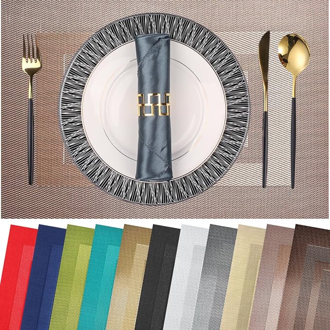 PIGCHCY Placemats Set of 12 Washable Durable Place Mats Vinyl Heat Resistant Non-Slip Table Mats Indoor Outdoor (18 x 12 inches, Champagne)