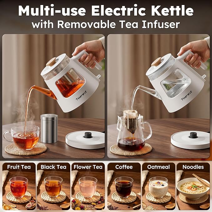 TOPWIT 1L Gooseneck Electric Tea Kettle, Glass Electric Kettle, BPA-free | Removable Stainless Steel Tea Infuser, Visible Window, Auto-Shut Off, Ideal For Pour-Over Coffee, Home & Office, White