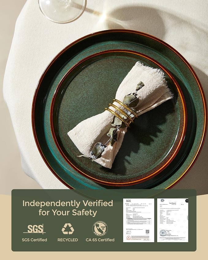 Plates and Bowls Sets for 4, Ceramic Dinnerware Sets, Kitchen Dish Set, Microwave & Dishwasher Safe Dishware, Highly Durable Hand Glazed Dinner Set, Brown Green