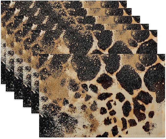 Vintage Leopard Print Fabric Placemats,Gold Glitter Table Placemats Set of 6 Cloth Place Mats, Washable Heat-Resistant Table Mats for Home Kitchen Dining Room Decoration 11.8x17.7 Inch