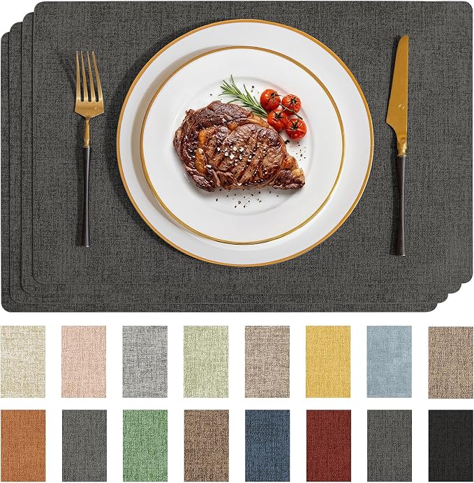 Romanstile Vinyl Placemats Set of 4-12 X 17 Inch - Faux Leather 100% Waterproof Wipeable Anti Slip Place Mats, Heat Resistant Reversible PU Table Mats for Kitchen Dining Party Outdoor, Charcoal