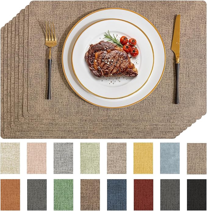 Romanstile Vinyl Placemats Set of 8-12 X 17 Inch - Faux Leather 100% Waterproof Wipeable Anti Slip Place Mats, Heat Resistant Reversible PU Table Mats for Kitchen Dining Party Outdoor, Khaki
